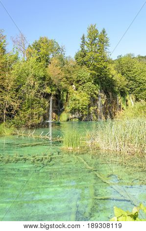 landscape of plitvice lake national park at sunset unesco heritage site plitvice croatia.