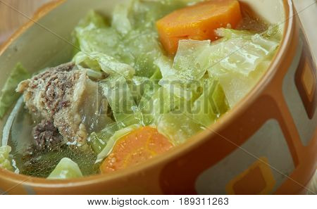 Russian  cuisine green cabbage shchi. close up