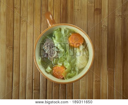 Russian cuisine green cabbage shchi. close up.