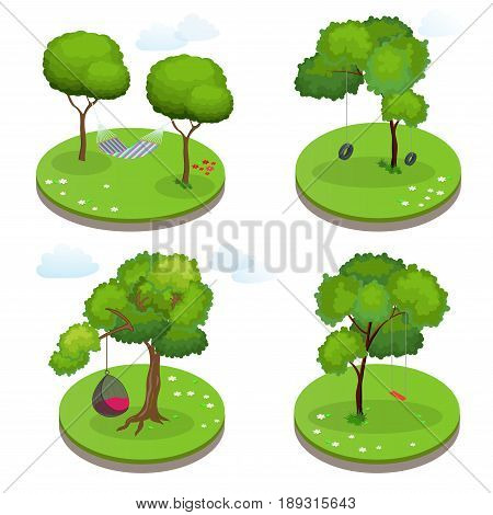 Isometric Rope Hammock between two trees, Hammock Chair, Swing and Swing tire. Flat vector illustration