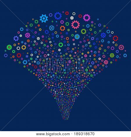 Gears And Cogs salute stream. Vector illustration style is flat bright multicolored iconic symbols on a blue background. Object explosion fountain constructed from random symbols.