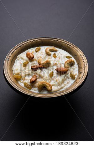 Most famous Indian sweet pudding Kheer or semiya khir in a bowl.Selective focus