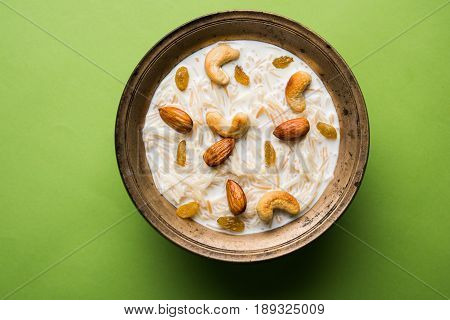 Most famous Indian sweet pudding Kheer or semiya khir in a bowl.Selective focus