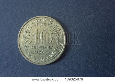 Ten Centimes Of Franc France 1963 Tail Coin, Vintage Old, Difficult And Rare To Find.
