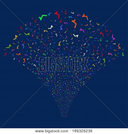 Sqrt salute stream. Vector illustration style is flat bright multicolored iconic symbols on a blue background. Object fireworks fountain constructed from random symbols.