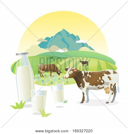 Milk lable illustration with cows graze on alpine meadows. Rural sunrise pasture landscape. Bottle of milk and glasses of milk.