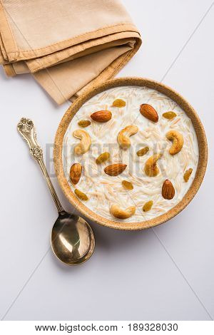 Most famous Indian sweet pudding Kheer or semiya khir in a bowl.Selective focus