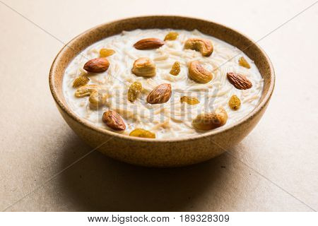 Most famous Indian sweet pudding Kheer or semiya khir in a bowl.Selective focus