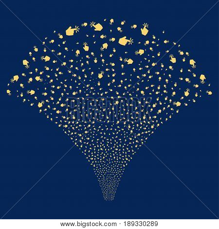 Click salute stream. Vector illustration style is flat yellow iconic symbols on a blue background. Object source fountain created from random pictograms.
