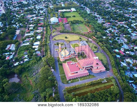 Cathedral in Managua Nicaragua aerial above view from drone