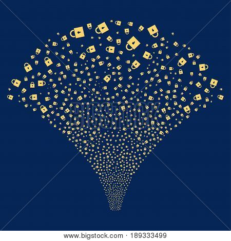 Lock salute stream. Vector illustration style is flat yellow iconic symbols on a blue background. Object explosion fountain done from random pictographs.