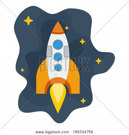 Flat orange rocket flies in space near the stars