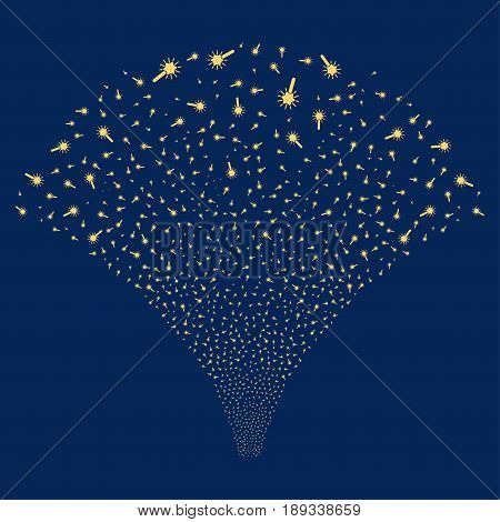 Wand Magic Tool salute stream. Vector illustration style is flat yellow iconic symbols on a blue background. Object fireworks fountain made from random icons.