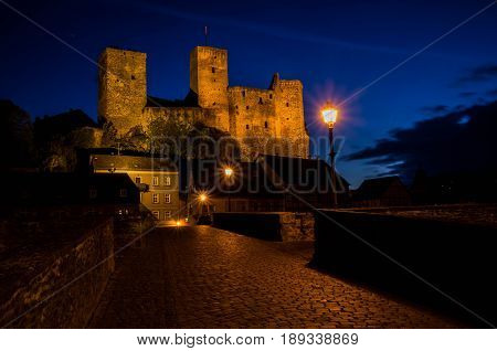 Runkel, Germany - April 23 2017: Burg Runkel during sunset with dramatic sky in Runkel, Hessen, Germany.