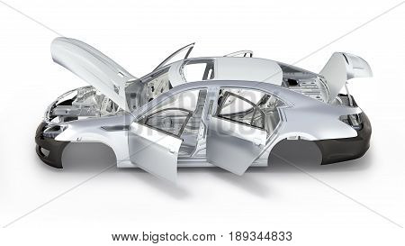 Body Car With No Wheel Side View On White Background 3D