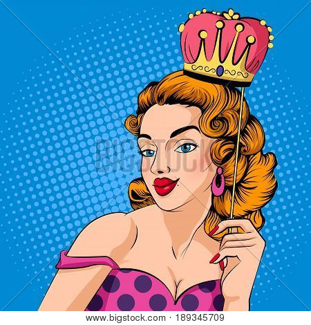 Vector design of Pop art style retro lady wearing party crown