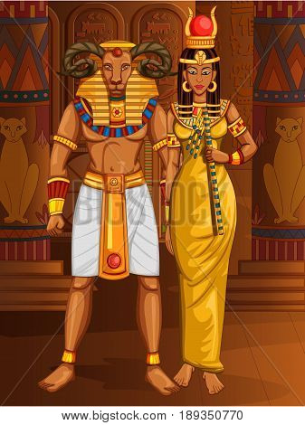 Vector design of Egyptian civiliziation King Pharaoh Khnum God with Queen on Egypt palace backdrop