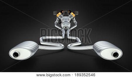 Exhaust Pipes System With Engine Back View On Black Background 3D
