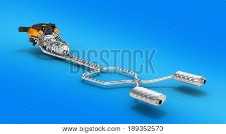 Exhaust Pipes System With Engine On Blue Background 3D Illustration