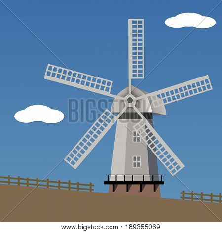 Landscape with old windmill, vector flat illustration