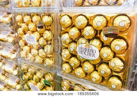 Kuala Lumpur, Malaysia, June 3, 2017: Ferrero Rocher Is A Spherical Chocolate Produced By The Italia