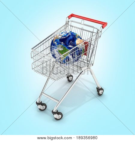 Shopping Trolley Globe Concept Supermarket Shopping Cart With Globe On Blue Gradient Backgtound 3D