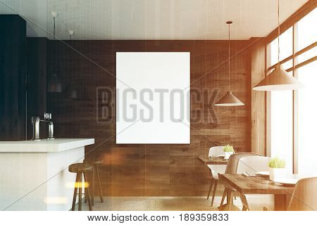 Dark wooden cafe interior with square tables white chairs stools standing near a white bar and a framed vertical poster on a wall. 3d rendering mock up toned image