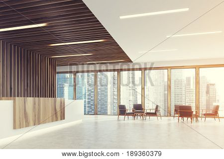 Side view of a white and ligth wooden reception counter is standing in a black office lobby with wooden decoration elements. Armchairs in an empty hall. 3d rendering mock up toned image