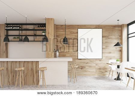 Side view of a light wooden cafe interior with square tables white chairs stools standing near a white bar and a framed vertical poster on a wall. 3d rendering mock up