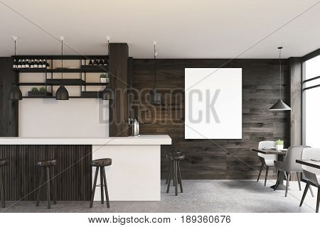 Side view of a dark wooden cafe interior with square tables white chairs stools standing near a white bar and a framed vertical poster on a wall. 3d rendering mock up