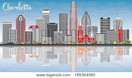 Charlotte Skyline with Gray Buildings, Blue Sky and Reflections. Business Travel and Tourism Concept with Modern Architecture. Image for Presentation Banner Placard and Web Site.