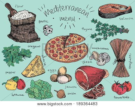 mediterranean menu, flour, oregano, pepper, lettuce, onion, eggs, cheese, garlic, thyme, salmon, mushroom, pizza, spaghetti, pasta, tomatoes, vegetables