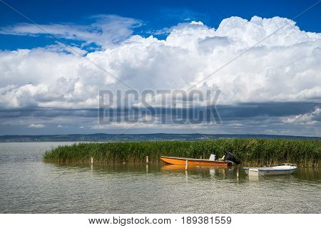 2 small boats on the lake Neusiedl lake Austria