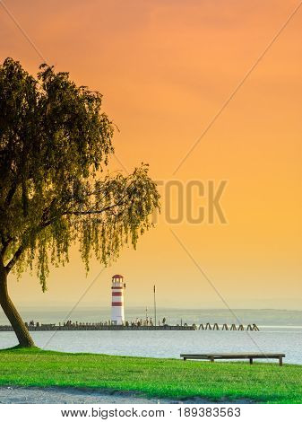Colorful sunset at Neusiedl lake Lighthouse at Neusiedl lake