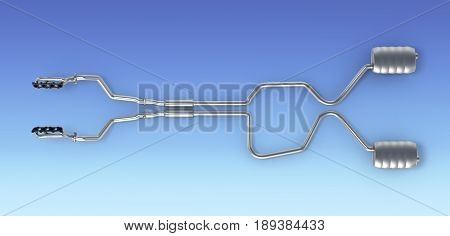 Exhaust Pipes System Top View On Blue Gradient Background 3D