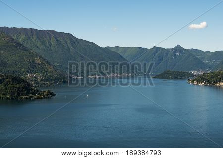 Panoramic view of the lake of Como_ promontory of Bellagio and peninsula of Lavedo from Vezio castle