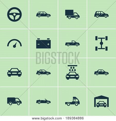 Car Icons Set. Collection Of Van, Drive Control, Carriage And Other Elements. Also Includes Symbols Such As Wheelbase, Garage, Truck.
