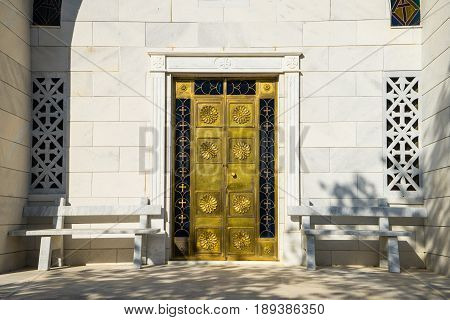 The door of the white church in Pedoulas village Troodos mountains