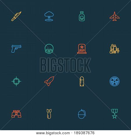 Army Outline Icons Set. Collection Of Radiation, Fugitive, Zoom Glasses And Other Elements. Also Includes Symbols Such As Die, Venom, Bombshell.