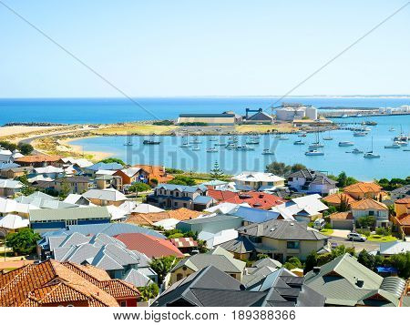 View of colorful roofs and yachts in Bunbury Western Australia