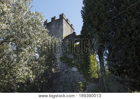 Varenna Italy - May 9 2017: Lake of Como Castle Tower of Vezio in spring