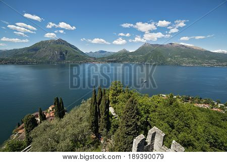 Varenna Italy - May 9 2017: Panoramic view of Lake Como and the promontory of Bellagio from the castle of Vezio