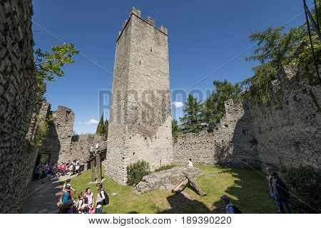 Varenna Italy - May 9 2017: Lake of Como Students visiting the Castle of Vezio