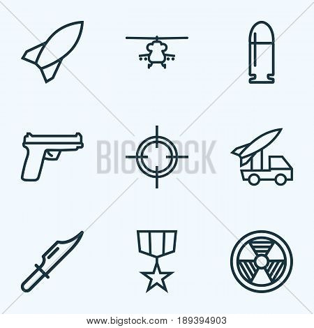 Army Outline Icons Set. Collection Of Shot, Weapon, Rocket And Other Elements. Also Includes Symbols Such As Sniper, Hazar, Bomb.