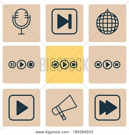 Audio Icons Set. Collection Of Start Song, Bullhorn, Following Song And Other Elements. Also Includes Symbols Such As Music, Next, Hailer.