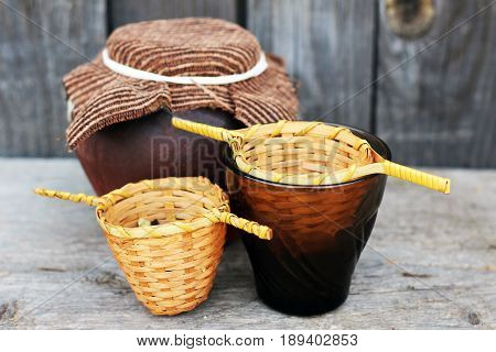 Green Tea In A Wooden Sieve, A Delicious Drink, Leaves