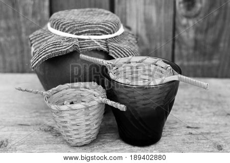 Green Tea In A Wooden Sieve, A Delicious Drink, Leaves