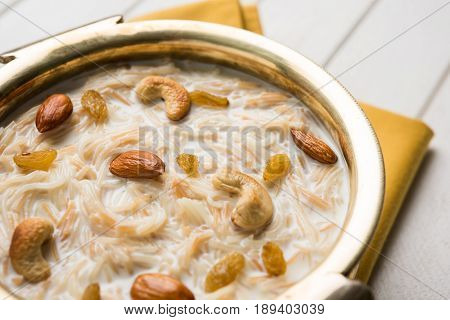 Most famous Indian sweet pudding Kheer or semiya khir in a bowl.Selective focus