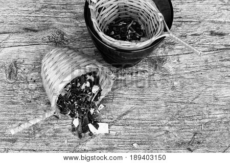 Green Tea In A Wooden Sieve, A Delicious Drink, Leaves