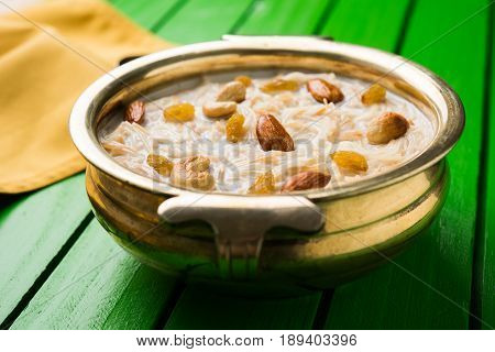 Most famous Indian sweet pudding Kheer or semiya khir in a bowl.Selective focus